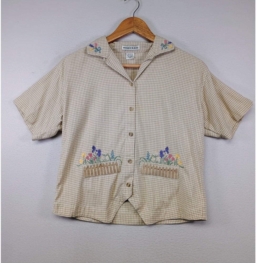 Grandmacore Maggie & Max Womens Med Tan Gingham Floral Embroidered Garden Shirt